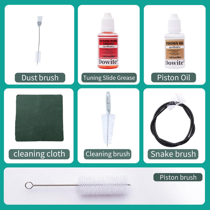 Trumpet(Cornet) Cleaning Care Kit: Valve Oil/Piston Oil, Tuning Slide Grease Oil, Snake Brush, Piston Brush, Mouthpiece Brush, Dust Brush, Cleaning Cloth–for All Musicians or Students