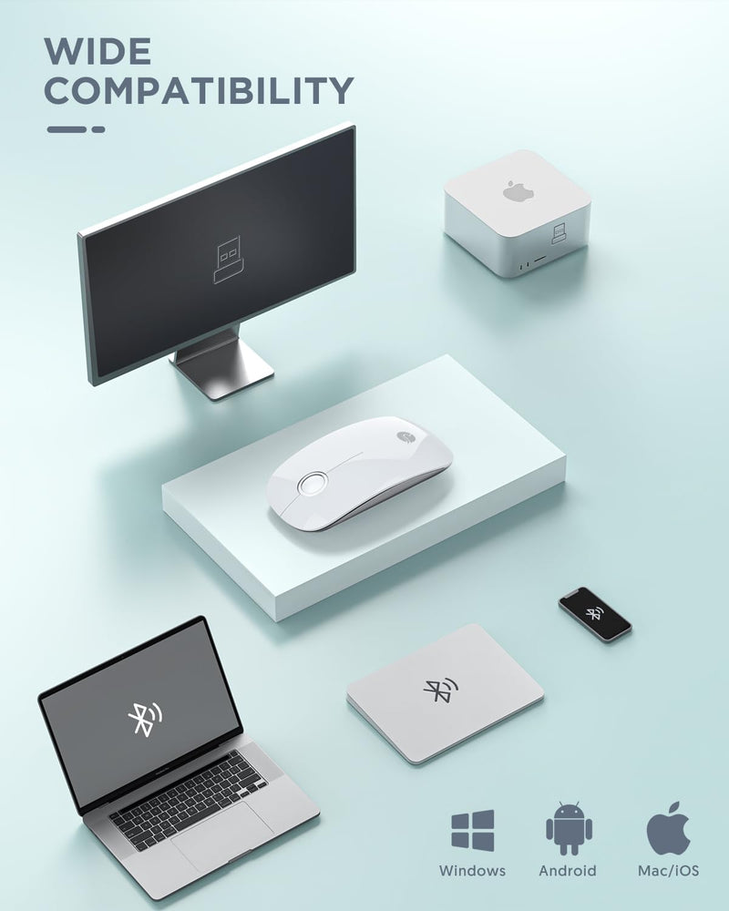 Bluetooth Wireless Mouse - (BT5.1+USB) Slim Dual Mode Computer Mice with Quiet Click, Low Power, and 1600 DPI, Portable Cordless for MacBook, Laptop, iPad Pro/Air, Chromebook (White) White