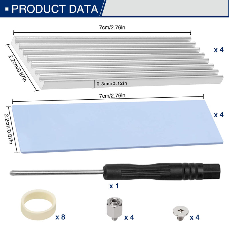 4 Pack M.2 SSD Heatsink VooGenzek Aluminum Heatsink with M.2 SSD Screws and Heat Conductive Silicone Pads for M.2 Heatsink Laptops and Desktops, 70x22x3mm, Silver Silver - 70X22X3 mm