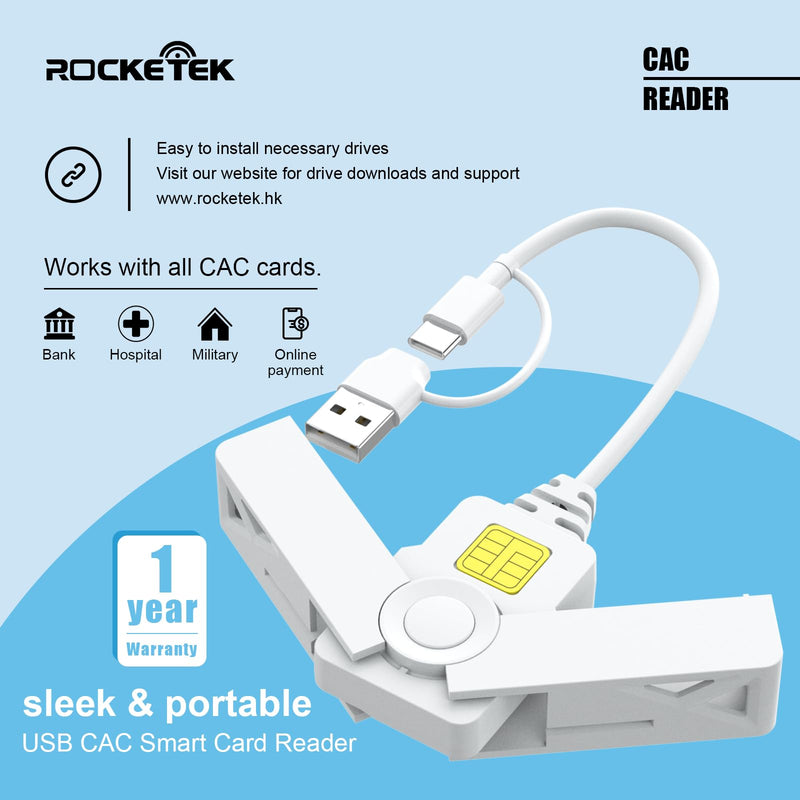 CAC Card Reader 2 in 1 USB/USB C Dual Connector, DOD Military USB Common Access CAC Reader Type C USB Smart Card Reader Compatible with Windows, Mac OS Mini Fold Plug and Play White