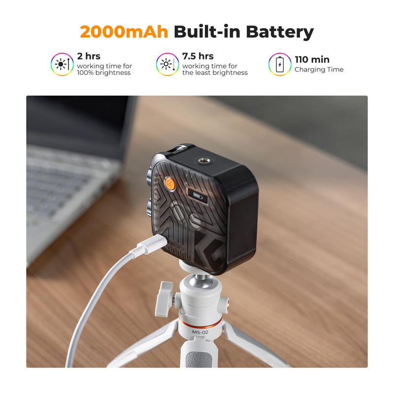 K&F Concept RGB Video Light, 360° Full Color Portable Photography Light, LED Camera Light w 21 Light Effects, 2500K-9900K CRI 96+, 2000mAh Rechargeable Photography Lighting for Vlogging, Selfie, Black