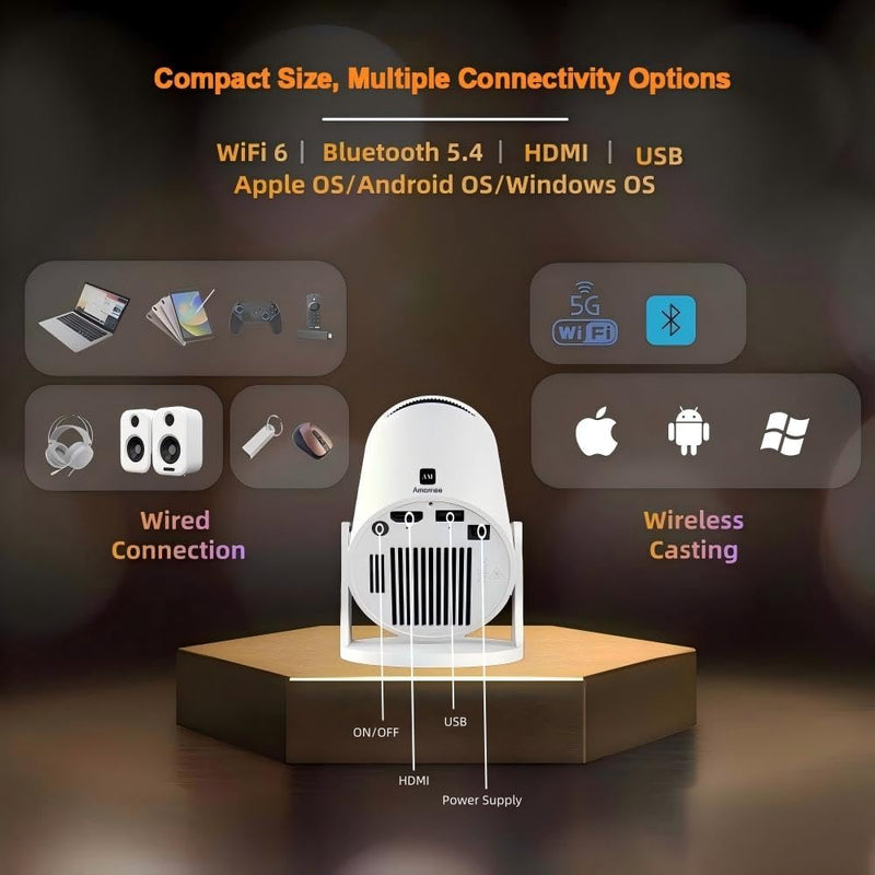 Smart Short Throw Projector with WiFi and Bluetooth, 210° Rotatable Mini Projector with Android System, Built-in Apps, Auto Keystone, Portable Ceiling Movie Projector for Bedroom & Outdoor Use Basic Edition