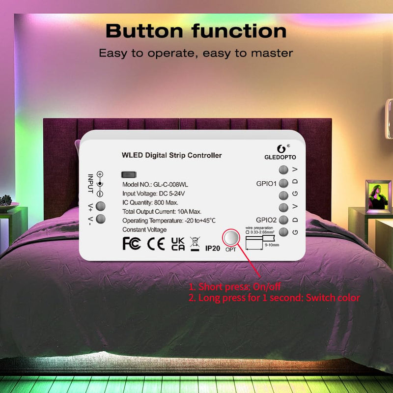 GLEDOPTO WLED Digital Strip Light Controller WiFi DC5-24V Support WS2812 2811 SK6812 and Other RGB RGBW Strip Lights 800 ICs DIYable