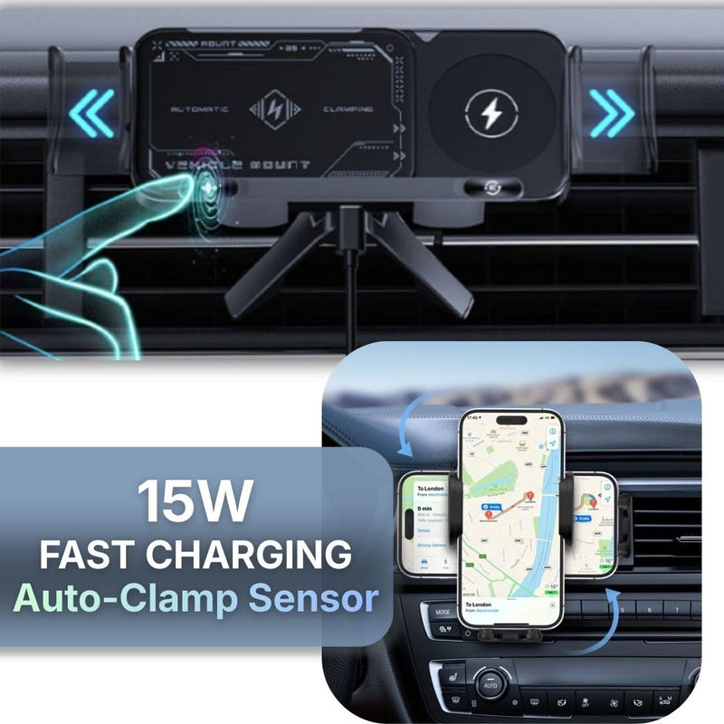 Wireless Car Charger Mount, Auto-Clamping Phone Holder with Fast Charging – Wireless Cell Phone Charging Car Mount for iPhone & Android (Air Vent Mount) Air Vent Mount