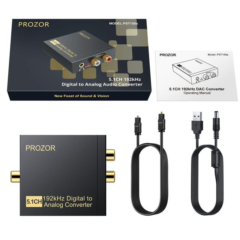 PROZOR 192Khz Digital to Analog Audio Converter Support 5.1CH Optical to RCA Converter with Magnetic Ring Power Cord Digital Toslink SPDIF to Analog L/R RCA 3.5mm Adapter for HDTV Blu-Ray DVD PS3 PS4