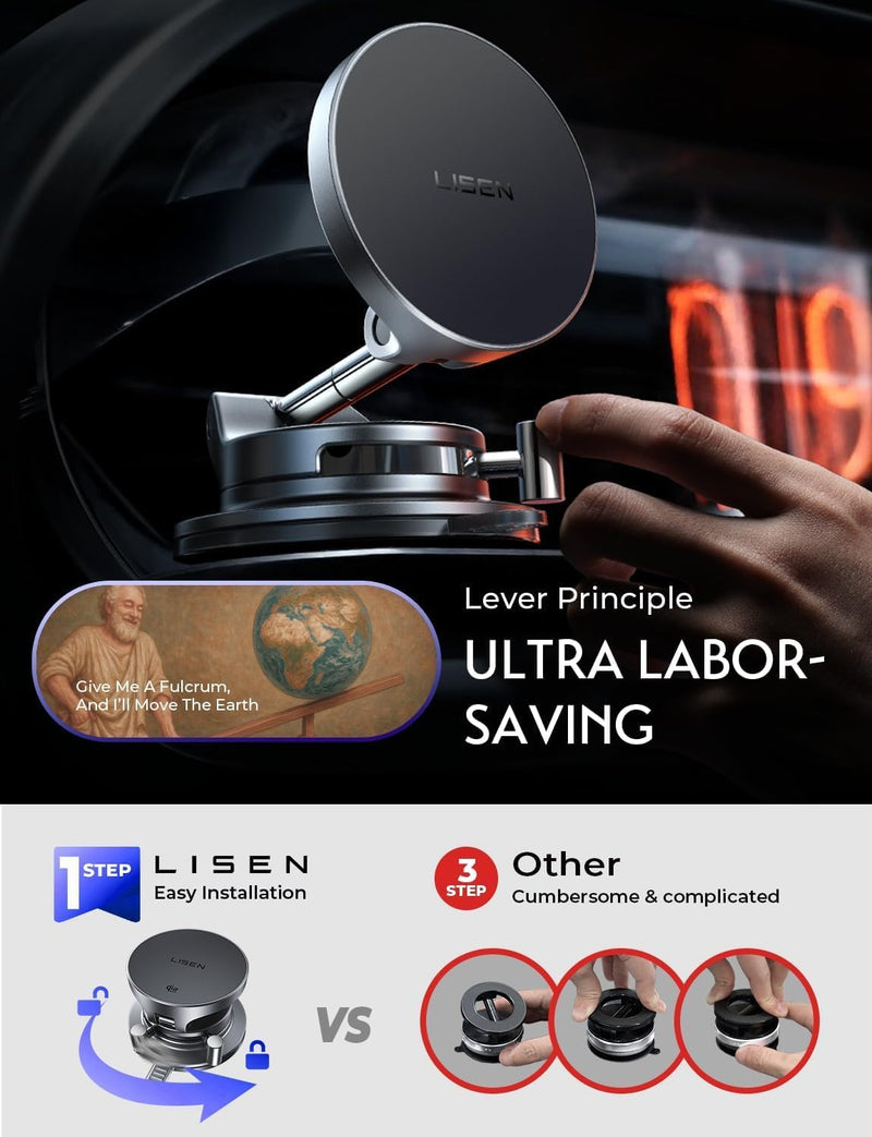 LISEN 15W MagSafe Car Mount Charger, Magnetic Wireless Car Phone Holder | [Easiest Mount] 96LBS Vacuum Suction Car Mount, 360° Magnetic Phone Holders for Your Car, for iPhone 17-12, Pixel 10, Samsung Black 1 Pack