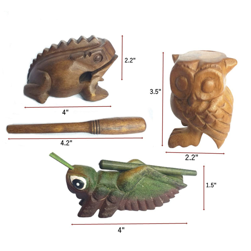 Wooden Percussion Frog, Cricket and Owl Set 3 Musical Instrument Products From Thailand Home Office Decoration Nice Gift (Small) Small