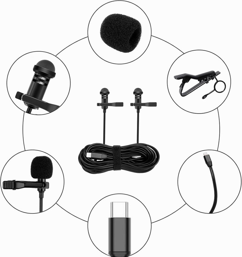 Dual Lavalier Microphone Compatible with iPhone 17 Pro Max 17 Air 16E 15 Plus, 13ft USB C External Lav Mic for Interview or Vlog