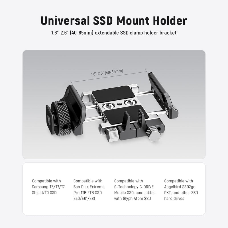 [AUSTRALIA] - NEEWER Universal SSD Holder Mount Bracket with Cold Shoe/Cable Clamp, 1.6"-2.6" for T5 T7 T9 SSD, Compatible with SmallRig Cage for BMPCC 4K 6K, 15 Pro/15 Pro Max Phone Cage, UA059 