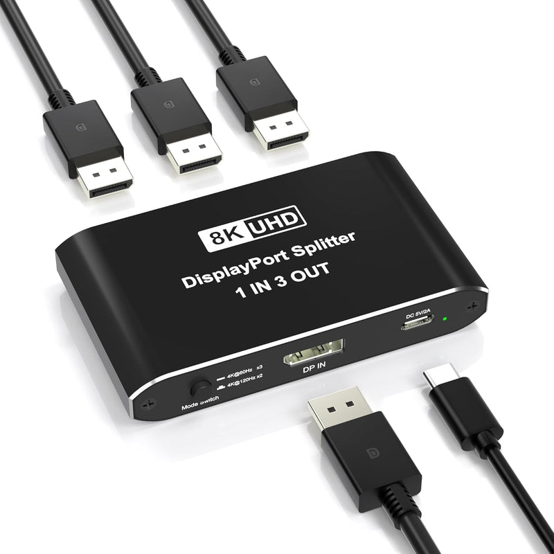 [AUSTRALIA] - Displayport Splitter 1 in 3 out, 8K@60Hz, 4K@120Hz, Resolution DP 1.4 DisplayPort Switcher Selector Box, DSC Support, Display Port Switcher Compatible with PC, Laptop, Monitor, Gaming, TV, NVIDIA, AMD 