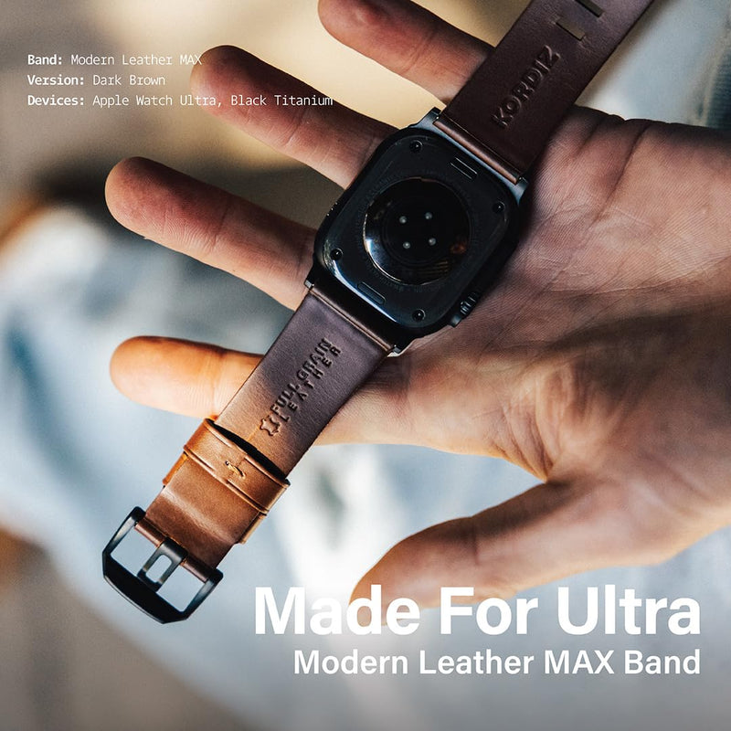 KORDIZ Modern Leather MAX Band for Apple Watch Ultra 3, Ultra 2 & Ultra (49mm) – Premium Full-Grain Leather Strap for Men, Rugged Modern Design, Stainless Steel Buckle, Comfortable Everyday Fit – 26mm Wide Leather Band ULTRA Silver 49mm | Dark Brown