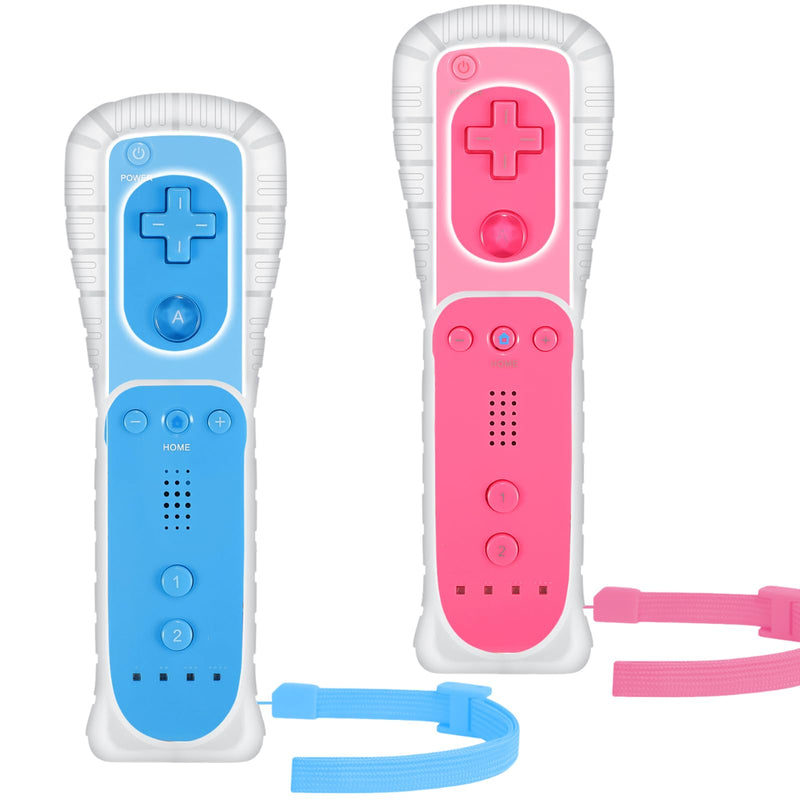 Wii Controller 2 Pack, Wii Remote Controller with Silicone Case and Wrist Strap Compatible for Wii/Wii U (Pink and Blue) Pink and Blue