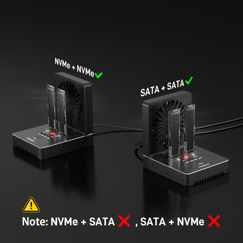 FIDECO M.2 NVMe SATA SSD Cloner Dock, USB 3.2 Gen 2 X 2, 20Gbps NVMe Cloner Duplicator with Foldable Cooling Fan, Support Offline Clone, UASP and Trim, Aluminum Design