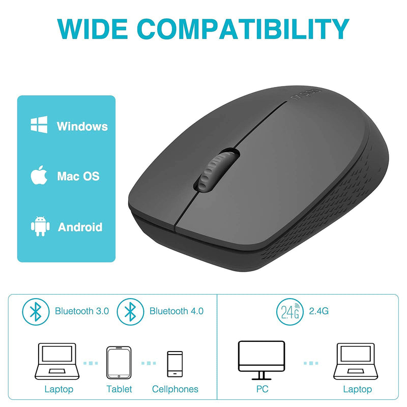 RAPOO Bluetooth 2.4G Wireless Mouse, 2 Bluetooth Channels with 1 USB Receiver Noiseless Mouse, Connect up to 3 Devices, Portable Computer Mice for PC, Tablet, Laptop-Black BLACK
