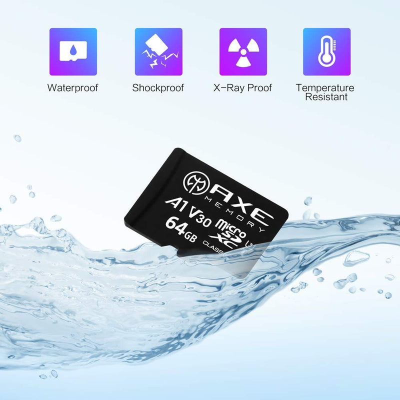 AXE MEMORY 64GB microSDXC Memory Card + SD Adapter with A1 App Performance, V30 UHS-I U3 4K Black - A1 High Speed 64 GB