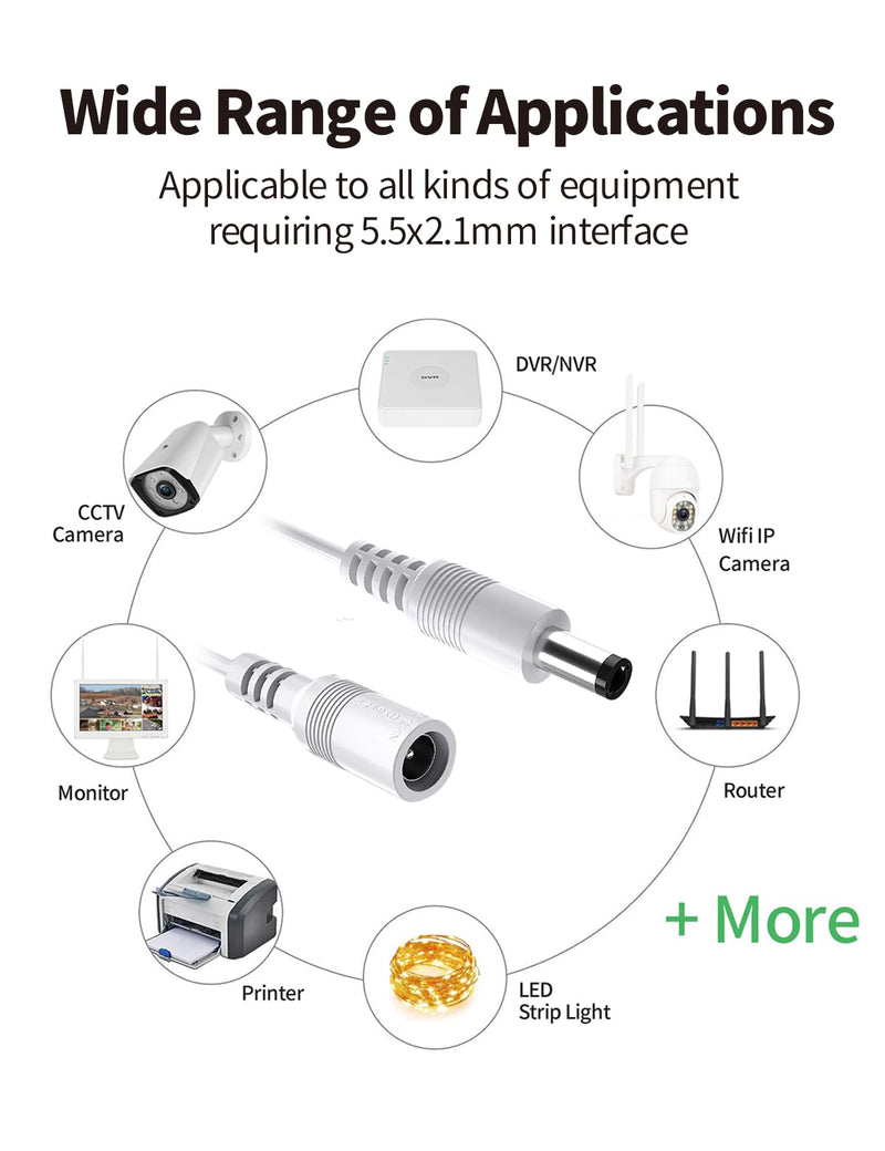 Tonton 6.6FT 2M DC Power Extension Cable 5.5 mm x 2.1 mm 5521 Male to Female 12V DC Adapter Cord Compatible with CCTV Security IP Camera, Survelliance DVR NVR System, LED Strip, Monitors (White) 6.6FT/2M White