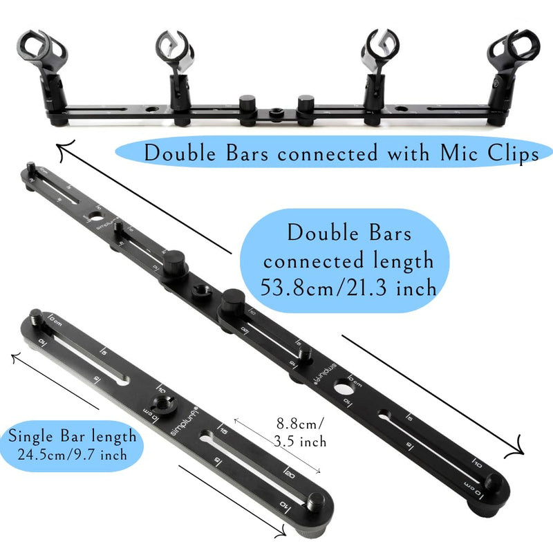 Stereo Array Spacing Bar Microphone Holder with Ruled Markings Assembled - Mount 4 Mics - X-Y and ORTF Mic T-Bar Bracket, Fits 3/8" and 5/8" Mic Stands with Included Adapter
