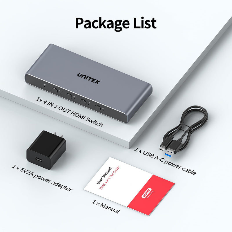 Unitek HDMI USB C Switch 4 Computers 1 Monitor with EDID | 4K@60Hz USB-C Switcher for Laptops PC PS5 Xbox Ipad Phone Tablet HDCP 2.3 HDR10+ Vedio, Quick Switch ,Plug and Play ,Gray