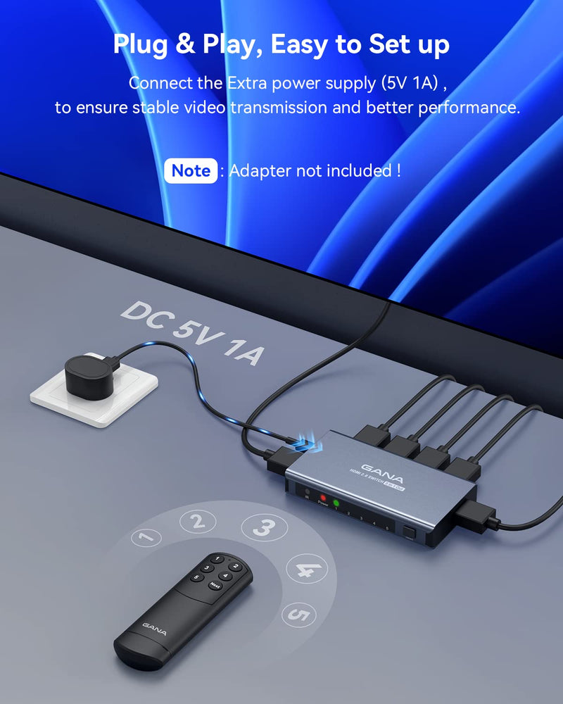 [AUSTRALIA] - HDMI Switch 5 in 1 Out 4K@60Hz, GANA HDMI Splitter Switcher with Remote, Aluminum HDMI 2.0 Switch Box Hub for 3D, HDCP2.2, HDR, Compatible with Xbox, PS5/4/3,Fire Stick,Roku,Blu-Ray Player Gray 