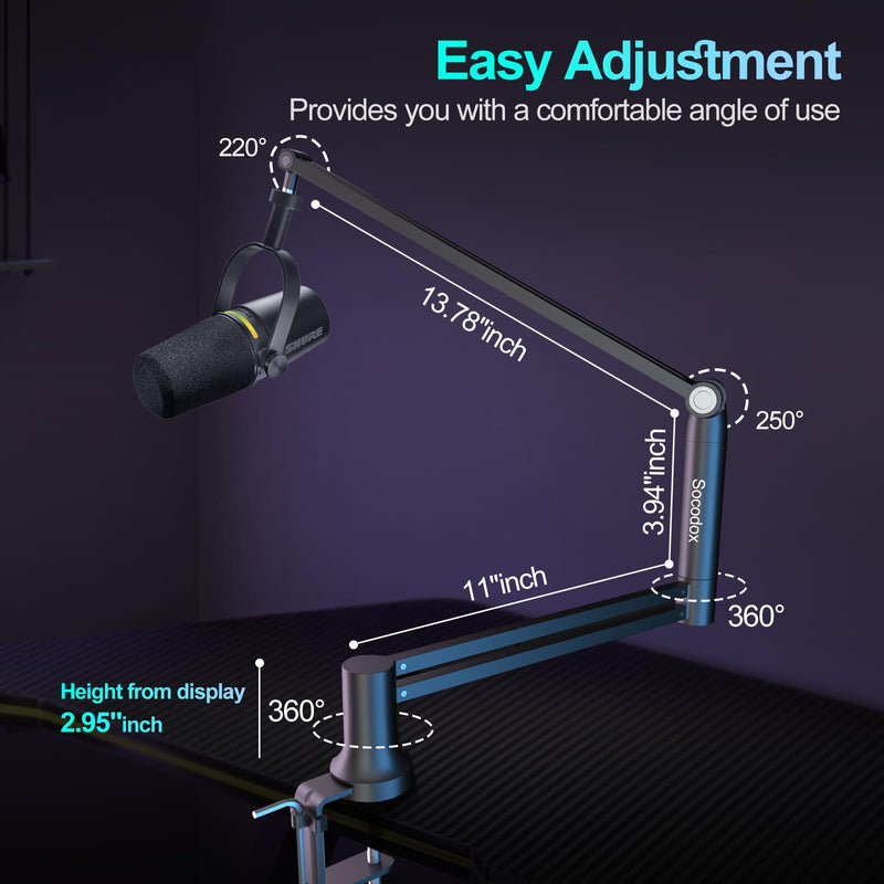 Boom Arm, Low Profile Microphone Stand for Blue Yeti, Mic Arm Microphone Arm with 3/8" to 5/8" Adapter Holds Up to 3.3lbs