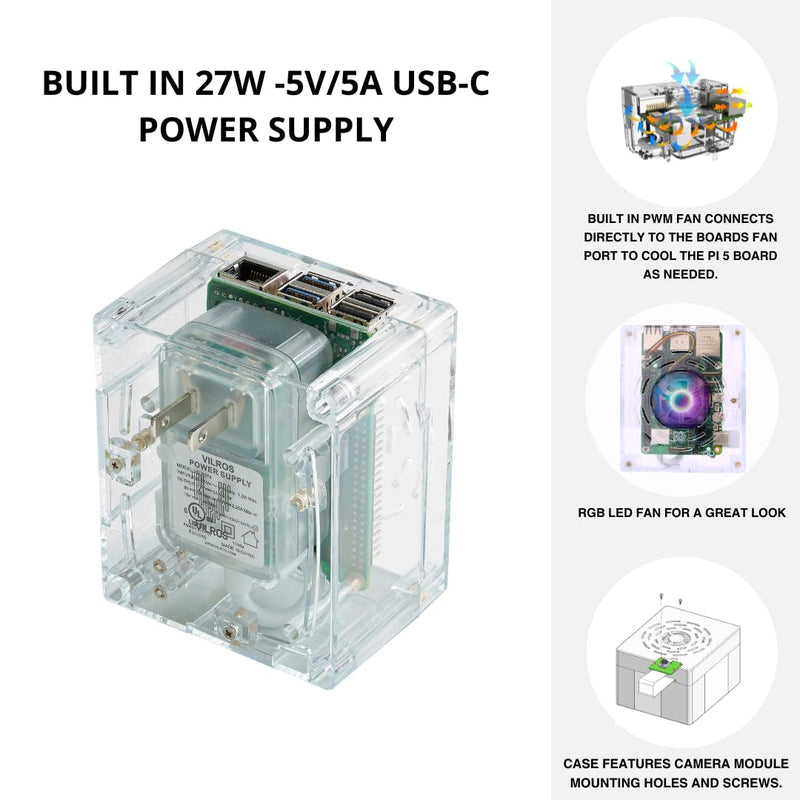 Vilros Plug 'n' Pi for Raspberry Pi 5-A Raspberry Pi Fan Cooled Case and Power Supply All in one Solution -Ideal for SSH-Headless Usage (Clear Transparent with RGB LEDs) Clear Transparent With RGB LEDs