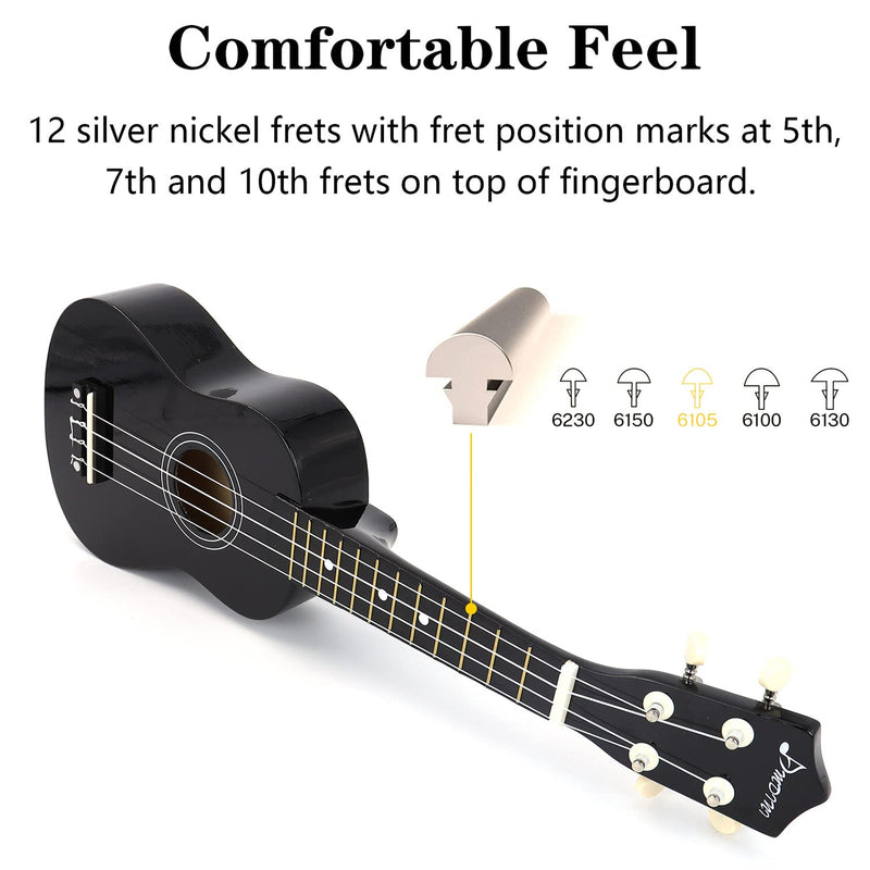 21 inch Soprano Ukulele Basswood Acoustic Mini Guitar for Beginner Starter with Case Strap Tuner Picks Strings Primary Tutorial Black