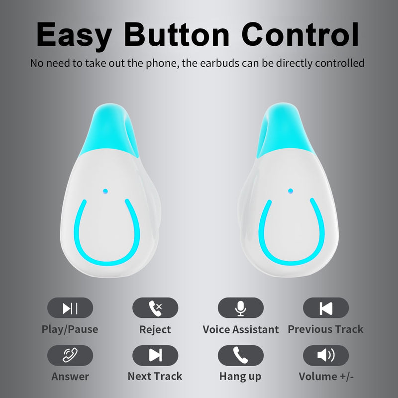 Comfort Clip On Earbuds, Bluetooth 6.1 Open Ear Bone Conduction Headphones, with Digital Display Charging Case Sport Earphones Built-in Mic Waterproof for Running Fitness Exercise, White-Blue