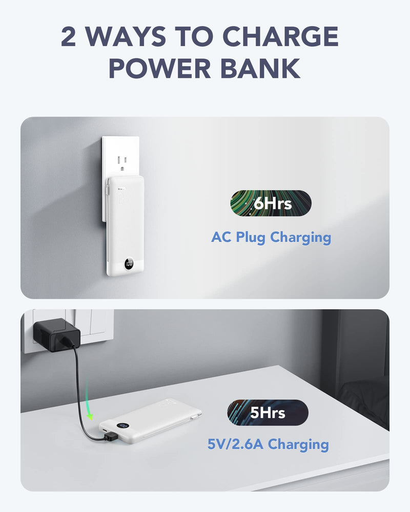 VRURC Portable Charger Built-in Cables and AC Wall Plug, USB C Power Bank 10000mAh, [2023 Upgraded Version] Phone Charger Compact Lightweight External Battery Pack for Smart Phones, Tablets etc-White White