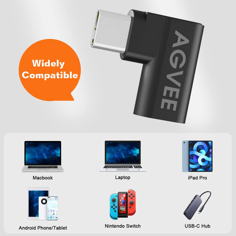 AGVEE [4 Pack] 90 Degree Right Angled USB-C Male to USB-C Female Adapter (Type-C 3.2 Gen 2) Converter Video Type-C 10G Data Extension Coupler Connector, Black