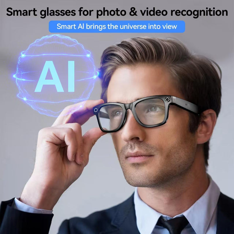 AI Smart Glasses with HD Camera- AI Photo Recognition and Interactive Dialogue, Noise-canceling, and Long Battery Life | Stylish Black Frame and Lenses (White) White