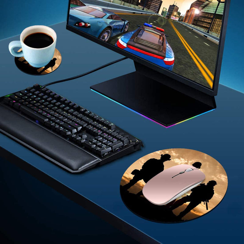 Round Mouse Pad with Coasters Set, American Army Troops Military Design Mouse Pad, Non-Slip Rubber Base Mouse Pads for Laptop and Computer Office Accessories