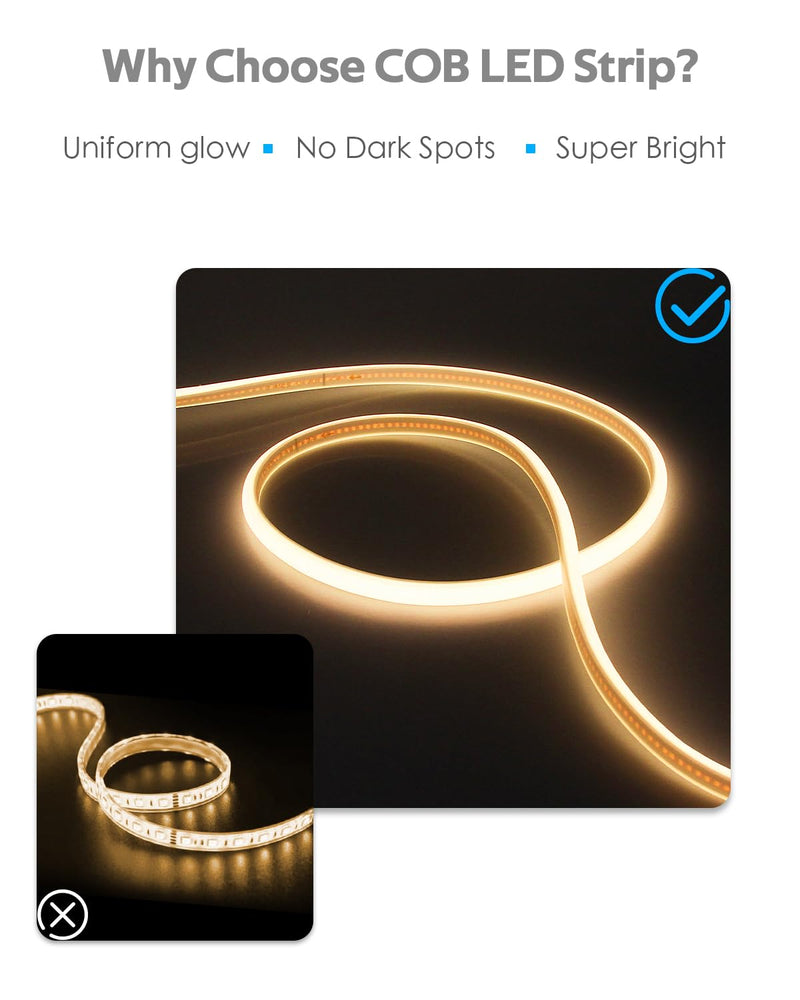 [AUSTRALIA] - 5M COB Led Strip Lights for Bedroom 16.4ft LED Rope Lights Outdoor Waterproof Warm White AC 110V ~120V Connectable Led Flexible COB Lights for Indoor Ceiling Kitchen Cabinet Closet 3000K 5M 