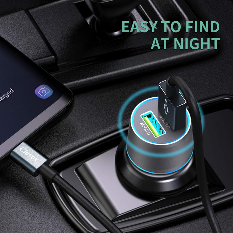 Rapid USB C Car Charger, Compatible for Samsung Galaxy S24/S23/S22/S21/Note 20/Ultra/10/Plus/9/8/S20/S10+/S10e/S9/S8/A50/A70, Quick Charge 3.0 Dual USB 18W Fast Car Charger+ Type C Cable 3.3ft Dark Grey 3.3ft cable