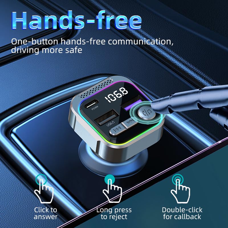 TRON Bluetooth 5.3 FM Transmitter Car Adapter 48W (PD30W +18W USB) Fast Charger, with Mic, Light Switch, HiFi Bass Sound, Audio Receiver Wireless Radio MP3, Hands-Free Calling, Support USB Drive, TR43