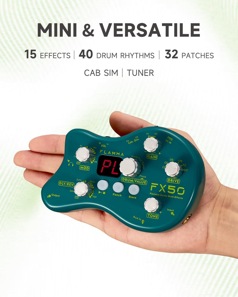 FLAMMA FX50 Practice Guitar Pedal Multi Effects Pedal Mini Portable with 40 Drum Rhythms15 Effects 32 Patches Tuner Function Support Both Corded and Battery Powered FX50 Green