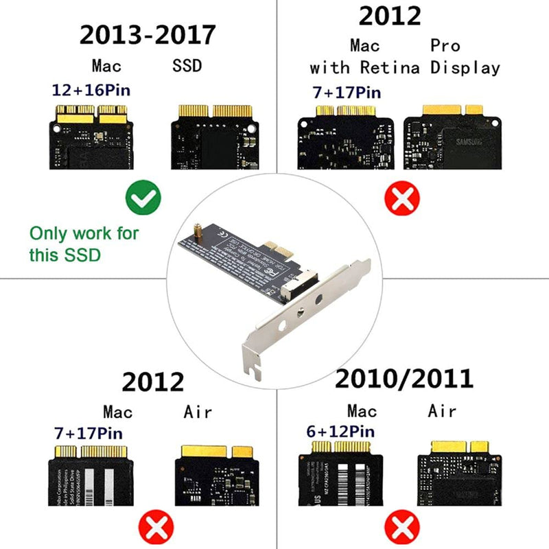 Cablecc PCI Express PCI-E 1X to 12+16Pin 2013-2017 Mac Pro Air SSD Convert Card for A1493 A1502 A1465 A1466 Black PCI-E 1X