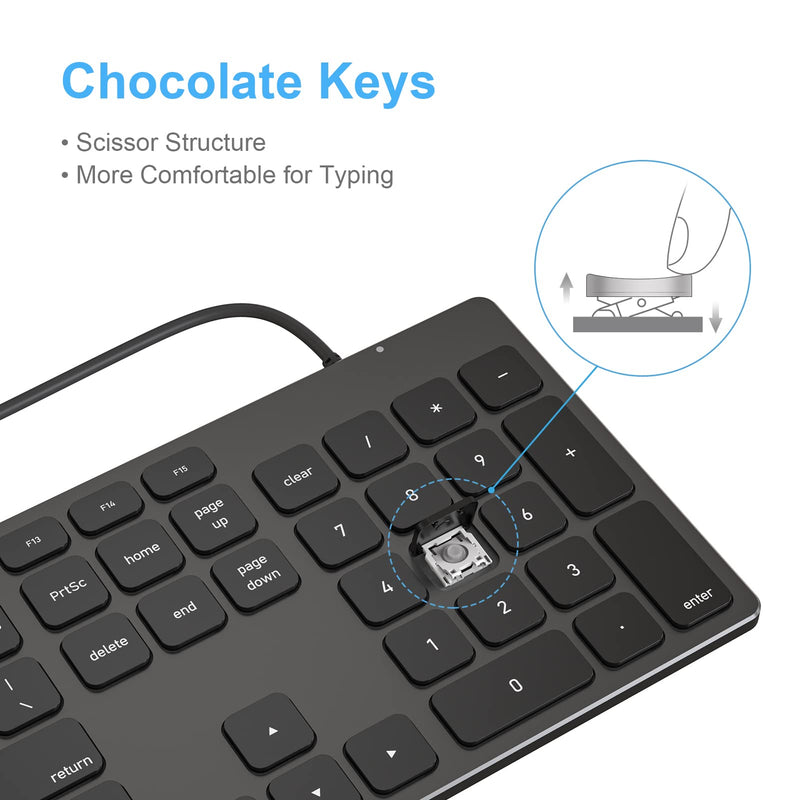 Aluminum USB Wired Keyboard with Numeric Keypad for Mac Pro, Mini Mac, iMac, iMac Pro, MacBook Pro/Air, Laptop and PC Computer Black