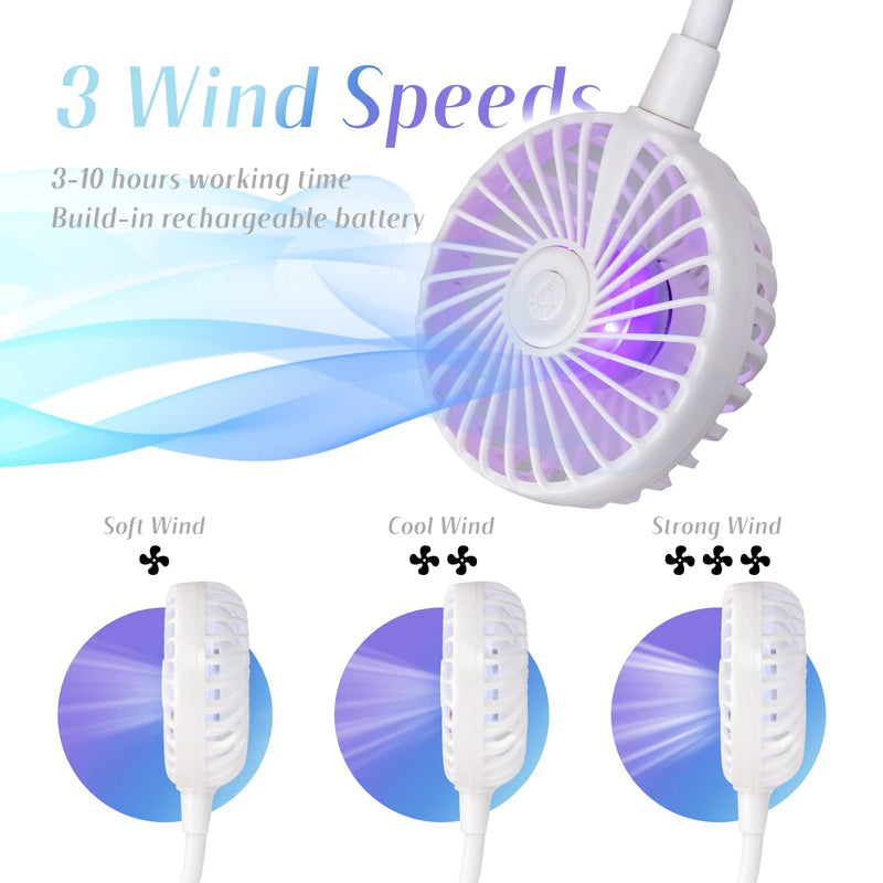 Portable Cooling Neck Fan, Rechargeable USB Personal Neck Fan with Colorful LED lights, 360° Rotation, Wearable Neck Fan Air Conditioner for Office Travel Sport, 3 Adjustable Speeds White