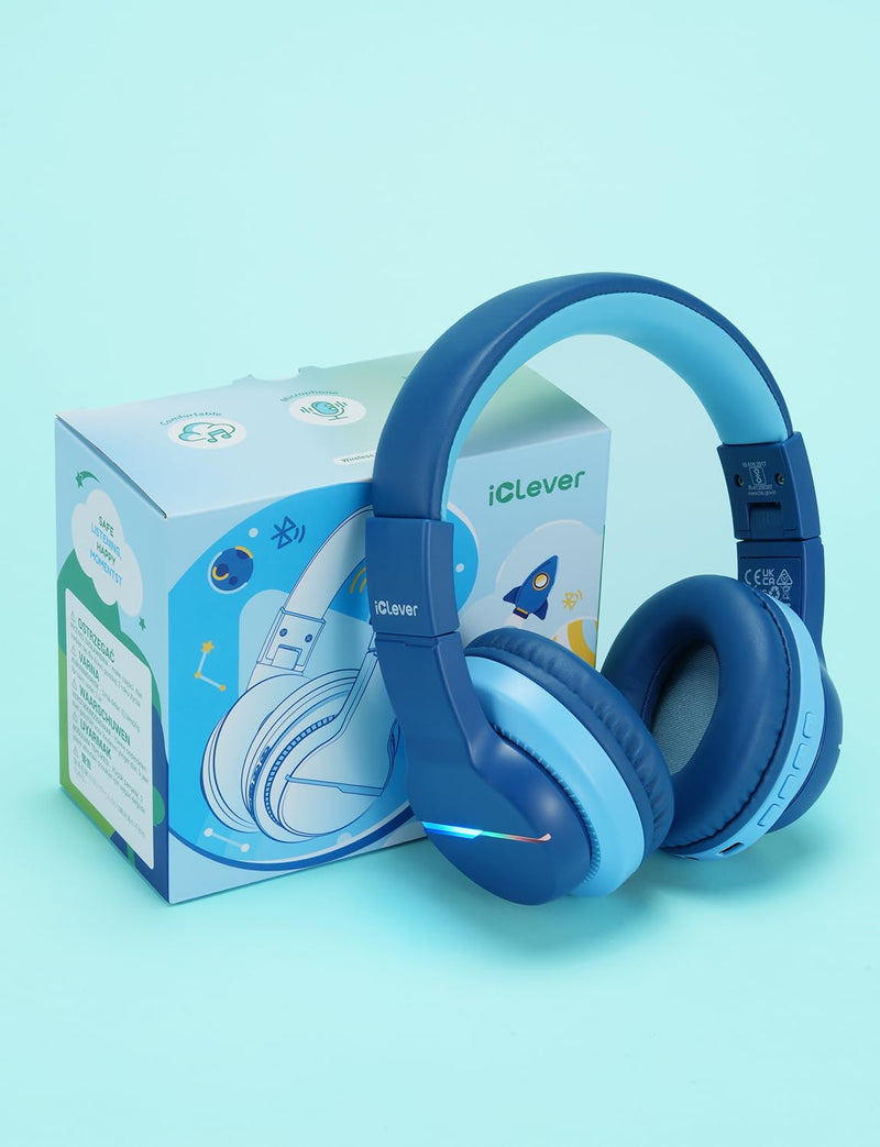 [AUSTRALIA] - iClever BTH12 Kids Bluetooth Headphones,Colorful LED Lights Wireless Kids Headphones,74/85dBA Safe Volume,85H Playtime,Bluetooth 5.2,Over Ear Headphones Built-in Mic for iPad/Tablet/Airplane,Blue Blue 