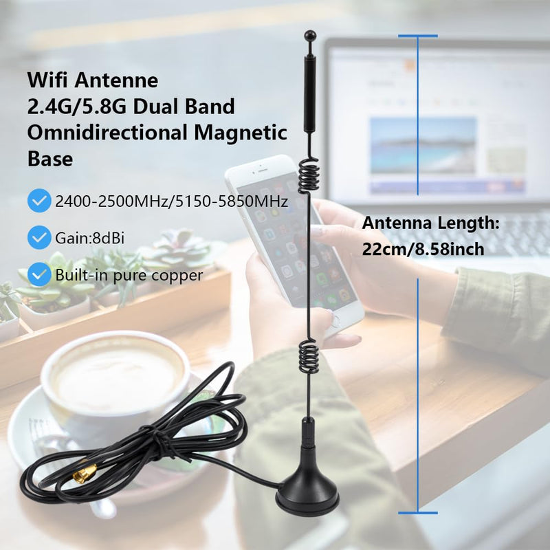 WiFi Antenna 2.4G /5G/5.8G Dual Frequency 8dBi MIMO Omnidirectional Signal Booster Magnetic Base RP-SMA Adapter 1.5M 4.9ft for PCIE Network WiFi Card Router External Antenna Wireless WLAN 2.4G /5G/5.8G 8dBi