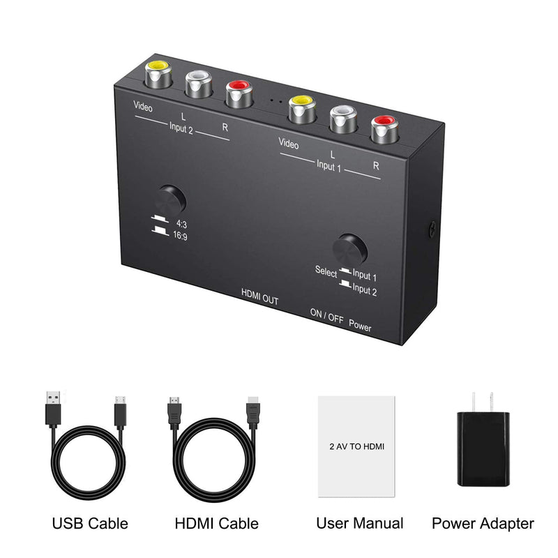 [AUSTRALIA] - 2 AV to HDMI, 1080P/720P TV 2 Way RCA Composite CVBS AV Switch to HDMI Video Audio Converter Adapter Support 4:3/16:9 Switching, for Sega Xbox PS2 PS3 N64 NGC SNES WII VHS VCR Camera DVD 2 RCA Converter 