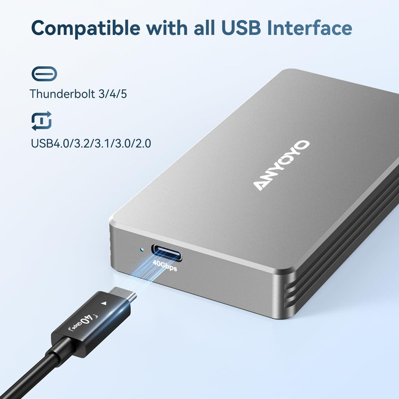 ANYOYO 40Gbps M.2 NVMe SSD Enclosure with Aluminum Alloy Heat Dissipation, No Noise External SSD Case Compatible for Thunderbolt 4/3/USB4, Support M/B+M Key SSD, Tool-Free Installation TBU401