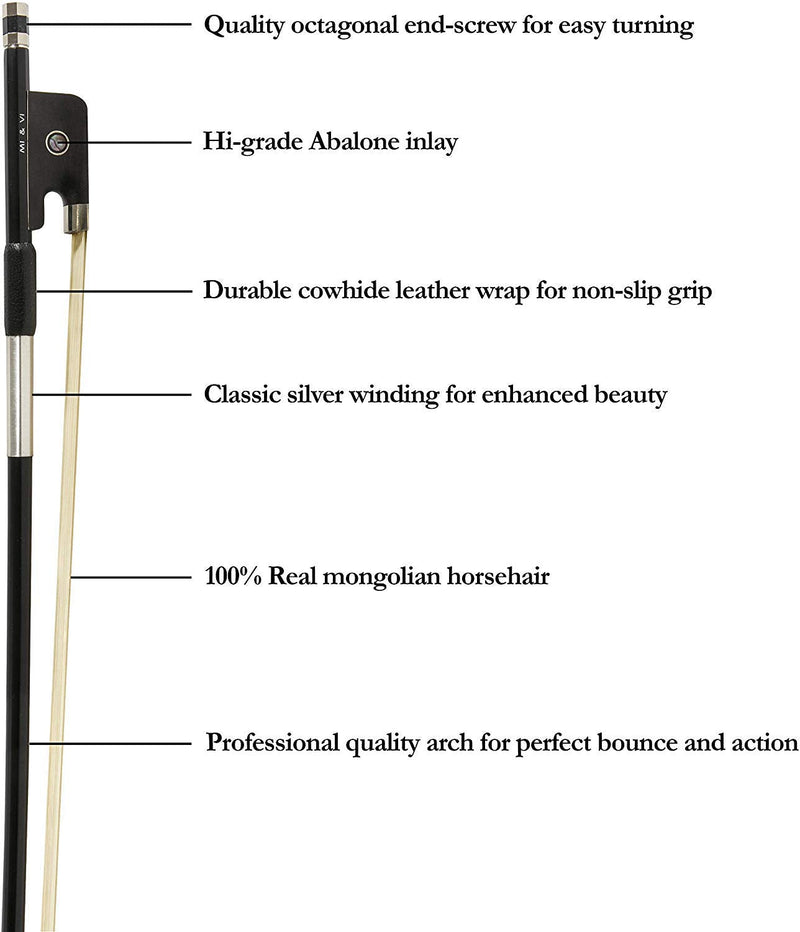 MI&VI CB-720 Classic Carbon Fiber Cello Bow (Size 3/4) with Rosin and Bow Soft Bag Included | Ebony Frog | Well Balanced | Mongolian Horse Hair - MIVI Music Cello 3/4