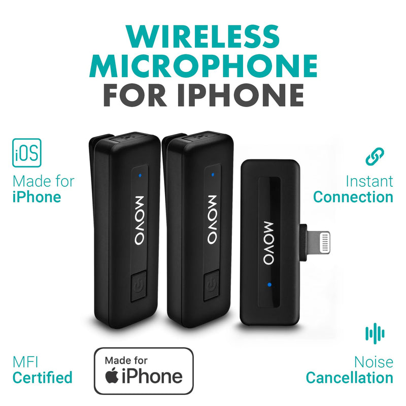 Movo Wireless Mini DI Duo iPhone Microphone for Video Recording - Wireless Microphone for iPhone with Clip on Lavalier Microphone for iPhone 10 HR Battery 164FT Range, Wireless Mic for iPhone, Black 2 Transmitters