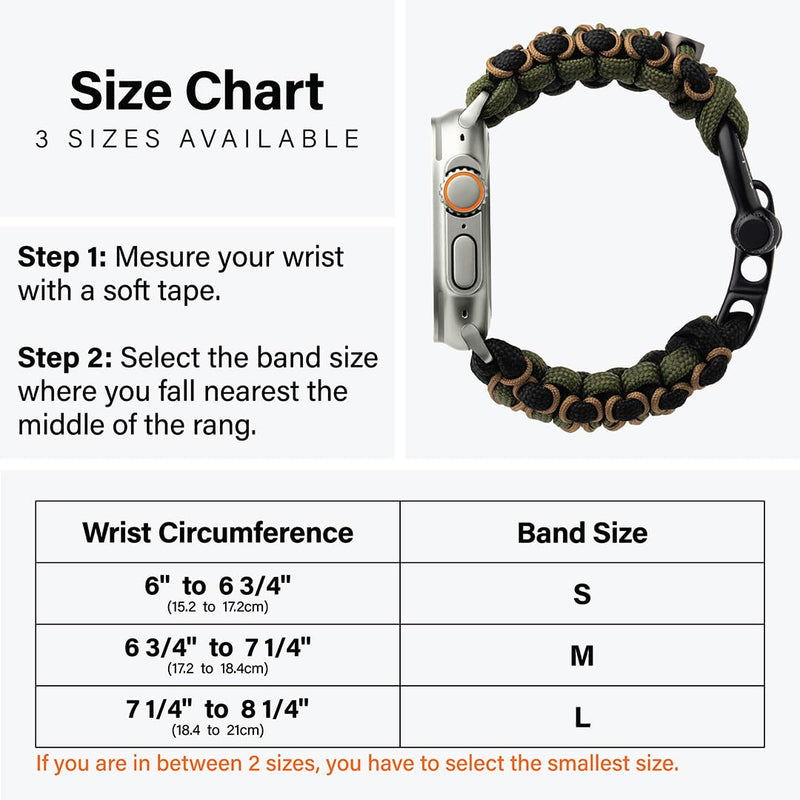 KORDIZ Survivor Pro - Nylon Paracord band for Apple Watch ULTRA 3, ULTRA 2/1 [49mm] & Series 11, 10, 9, 8, 7-1, SE3, SE2, SE [46mm 45mm 44mm 42mm] - with Stainless Steel Adjustable Shackle Black/Green & Micro Coyote Ultra Silver | Size M