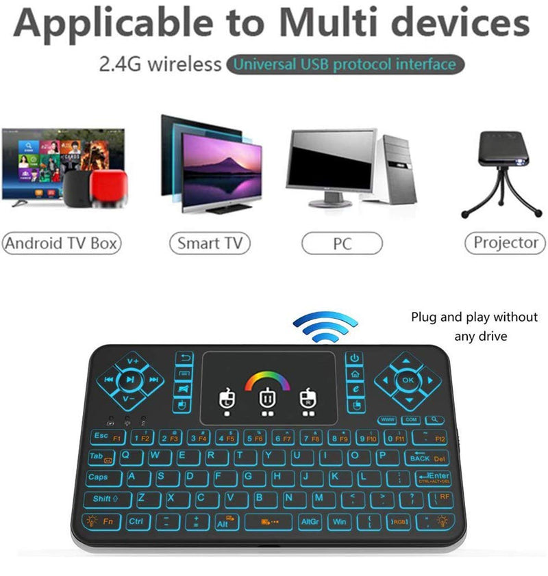 Mini Wireless Keyboard,Q9 Mini Keyboard with Touchpad,Colorful Backlit Small Wireless Keyboard,Mini Rechargeable Handheld Remote Keyboard for PC,Raspberry Pi 4, Android TV Box,KODI,Windows 7 8 10 Q9 Colorful Backlit