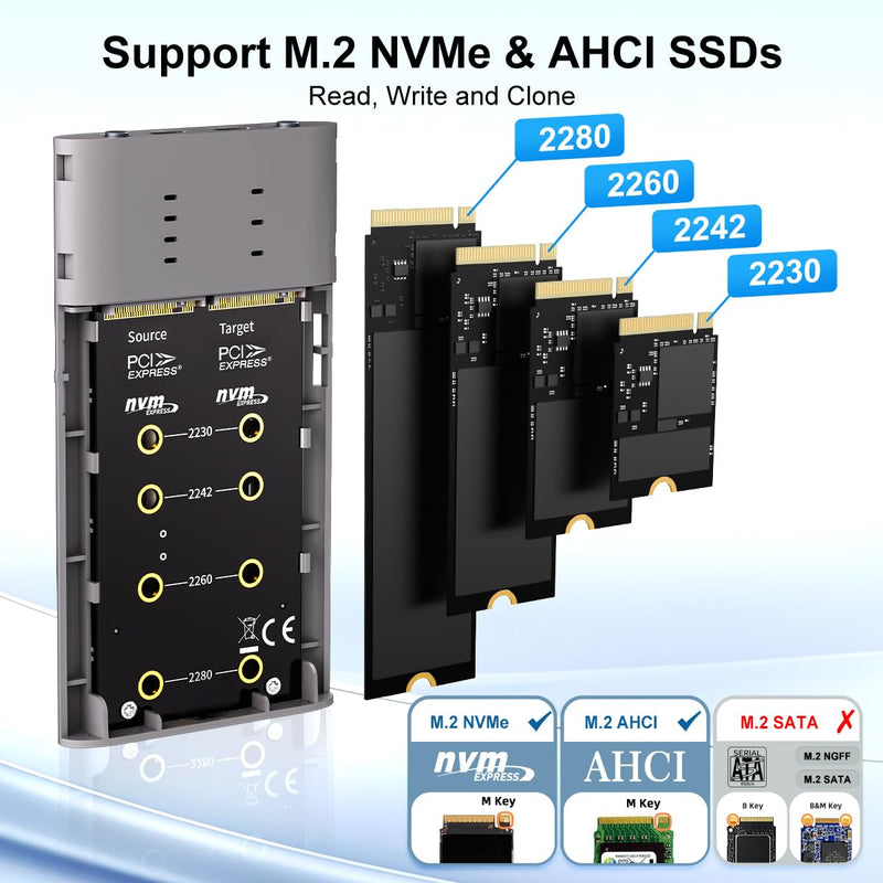 MAIWO Dual NVMe Clone SSD Enclosure, USB3.2 GEN2X2 10Gbps,Support AHCI to NVMe Clone, M.2 Duplicator Cloner for SSDs Sizes 2230/2242/2260/2280 with Indicator Light Dual M.2 NVMe Enclosure & Cloner