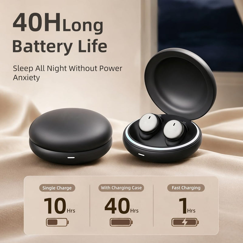 NE92 Sleep Ear Buds Adaptive Noise Cancelling Earbuds Bluetooth 6.0 Wireless Headphones 40H Playtime Hi-Fi Stereo Sound Mini Invisible Earplugs for Side Sleepers Small Earphones for Work/Hiking/Travel Black