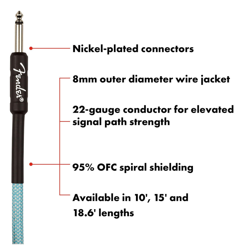Fender Professional Series Tweed Instrument Cable, Guitar Cable, Stocking Stuffers, Guitar Accessories with 1-Year Warranty, Straight/Straight, Anti-Kinking Design, Daphne Blue, 18.6ft