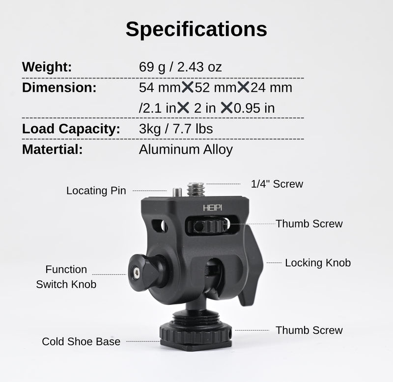 [AUSTRALIA] - HEIPI Field Monitor Mount with Cold Shoe Mount Swivel 360° and Tilt 180°, Holder for Camera Monitor Mount, LED, Flash and Video Shooting Photography Accessories, Max Load Capacity 7.7lbs 